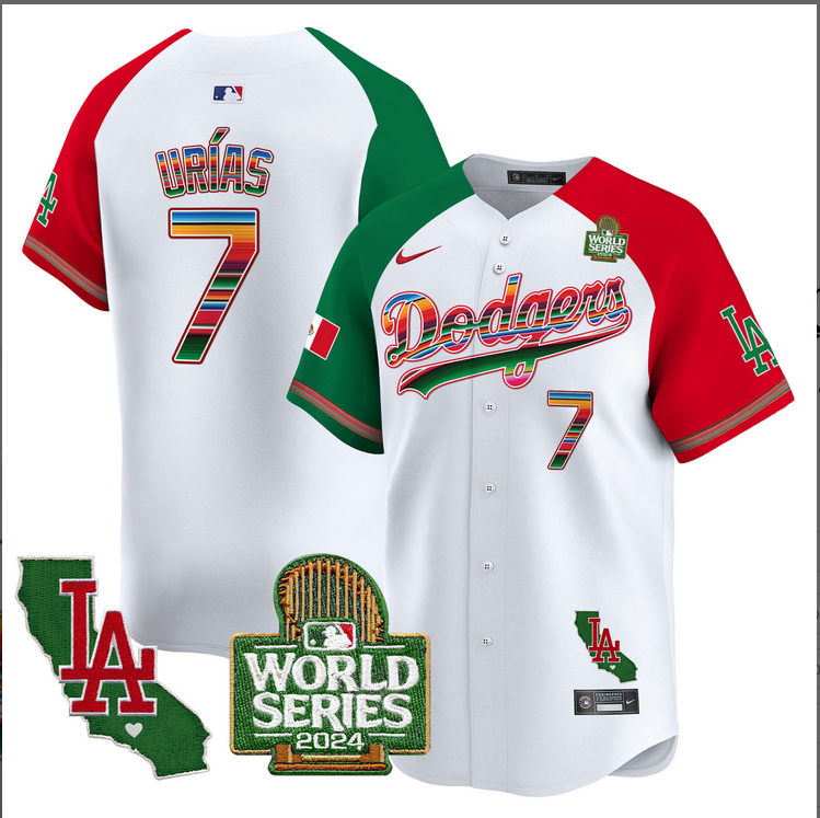 Men MLB Mexico Los Angeles Dodgers 7 Urias white 2024 World Series Champions Patch Jersey 2024110